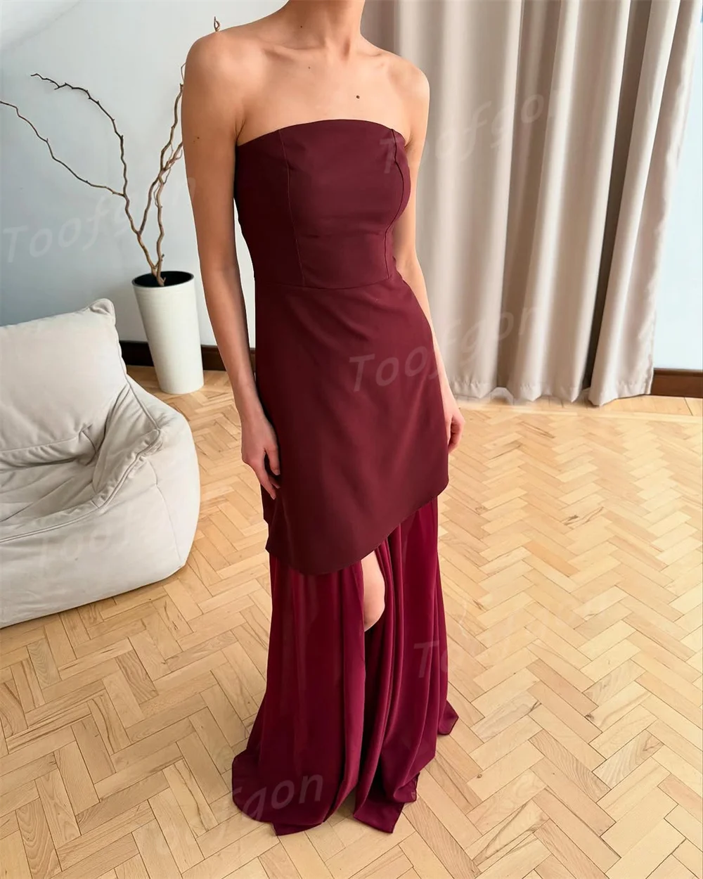 Toofgon Strapless Burgundy A Line Prom Dresses Satin Chiffon Formal Prom Party Dresses Side Slit Special Occasion Customized