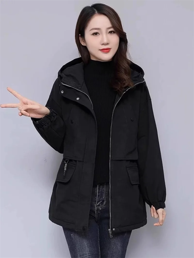 Women Windbreaker Parkas Overcoat Women's 2025 New Autumn Winter Fleece Jacket Loose Hooded Warm Zipper Female Basic Coat