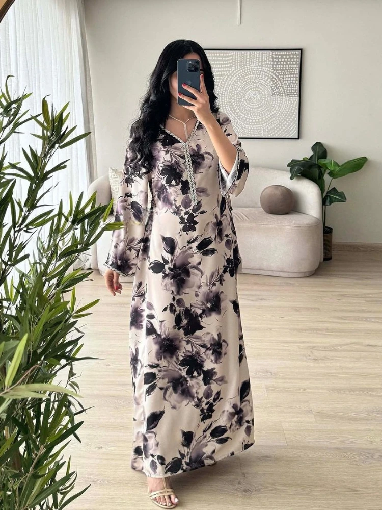 Eid Ramadan Muslim Women Dresses Abaya V Neck Diamond Print Party Long Dress Belt Morocco Kaftan Vestidos Dubai Robe Jalabiya