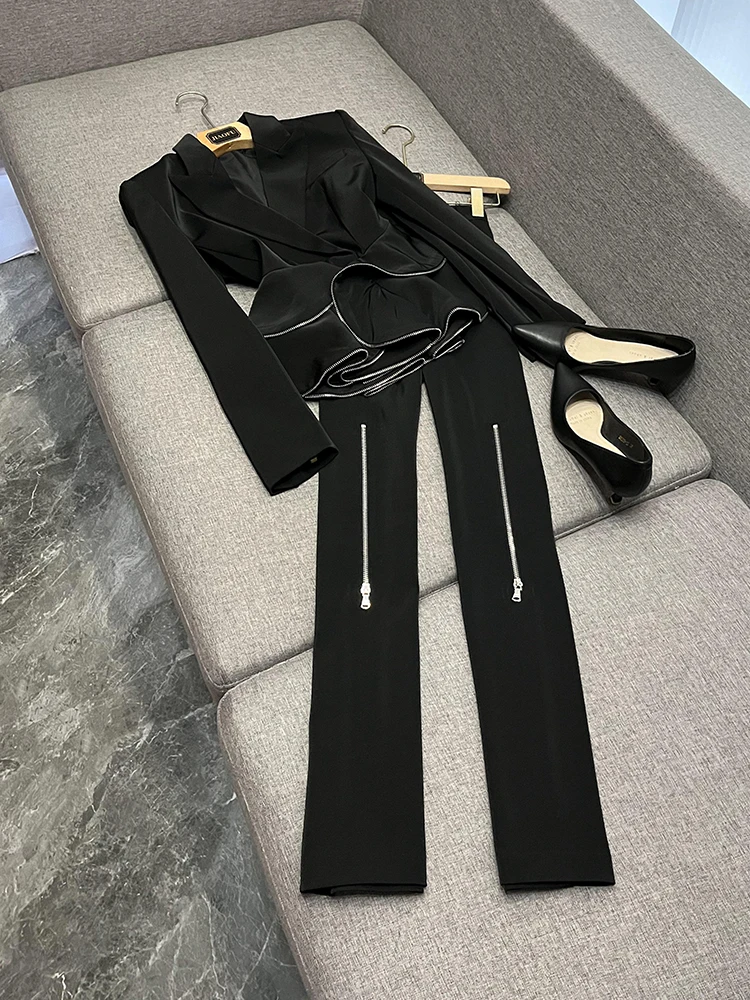 

Faionable Zipper Trimmed Suit Jaet And Slim Pants Set Two Piece Set Star Sle A0440JF Women's Premium Clothing