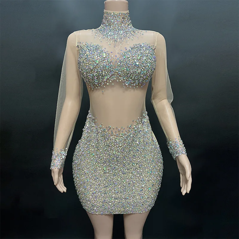 Women Sexy Shiny Crystal Diamond Elastic dress Female Singer Dancer Stage Performance Costume Luxury mini dress birthday party