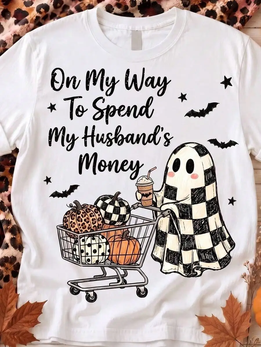 Women Trendy Halloween Ghost Shopping Crewneck Short Sleeve T Shirt Spend Husband Money Plaid Leopard Polka Dot Pumpkin 1 Piece Everyday Wear Top