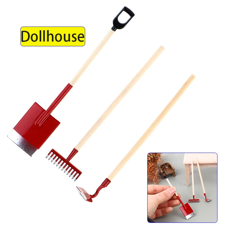 3Pcs 1:12 Dollhouse Miniatures Gardening Shovel Rake Hoes Farm Tool Doll Decor Fairy Garden Accessories Furniture Toys