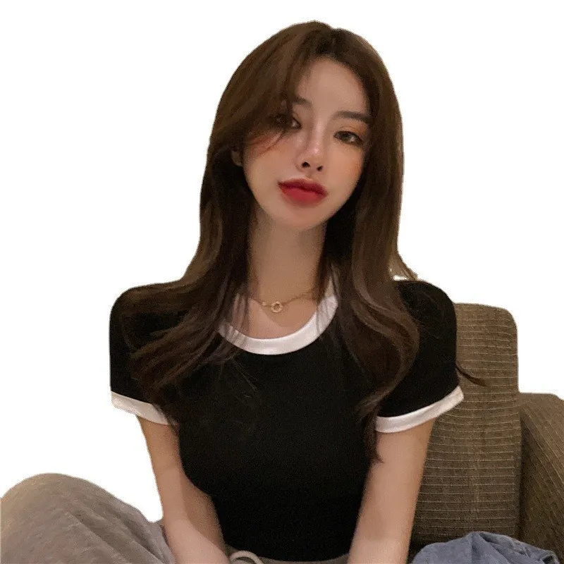 

Summer 2025 Korea Plain Tirt Women Slim Fit Color round Ne ort Sve Casual Comfortable Breathable Top