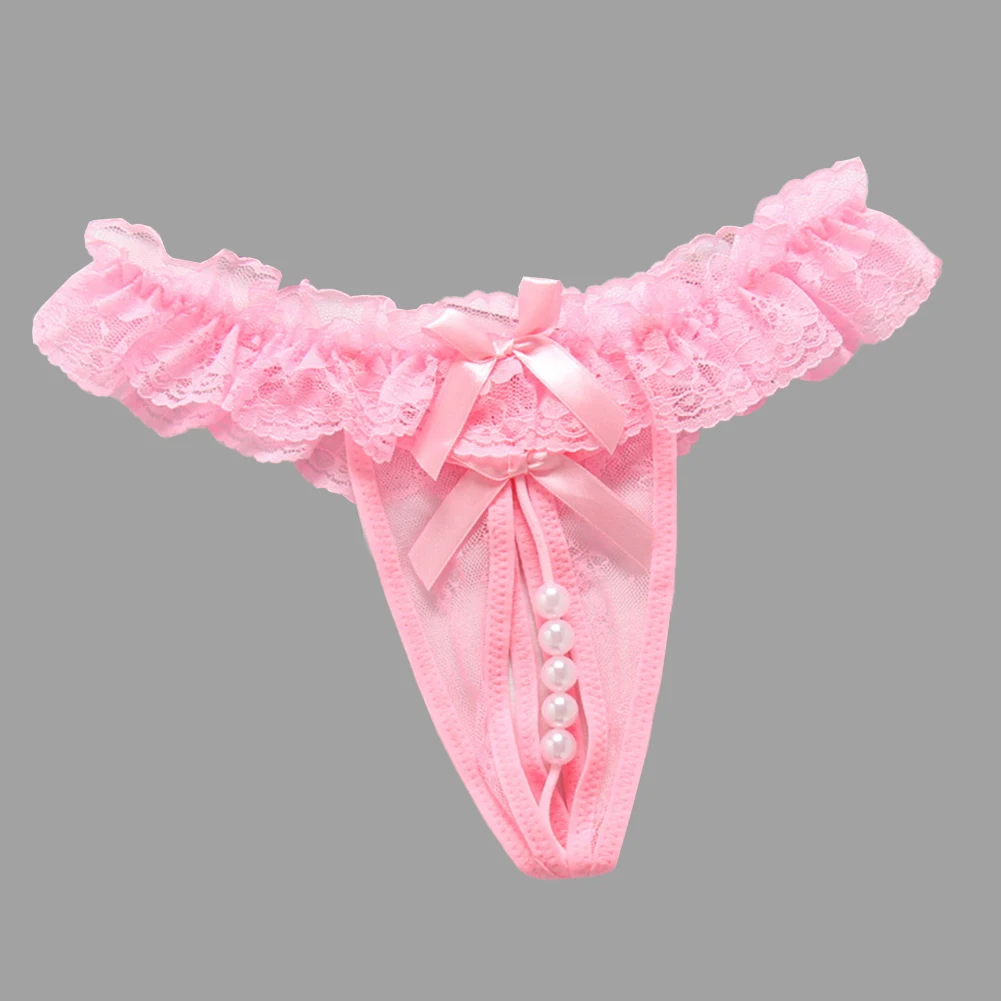 Lingerie sexy de crotch aberta para mulheres, roupa interior erótica sem crotchless, fio dental de renda pérola, calça em T, tanga de cintura baixa