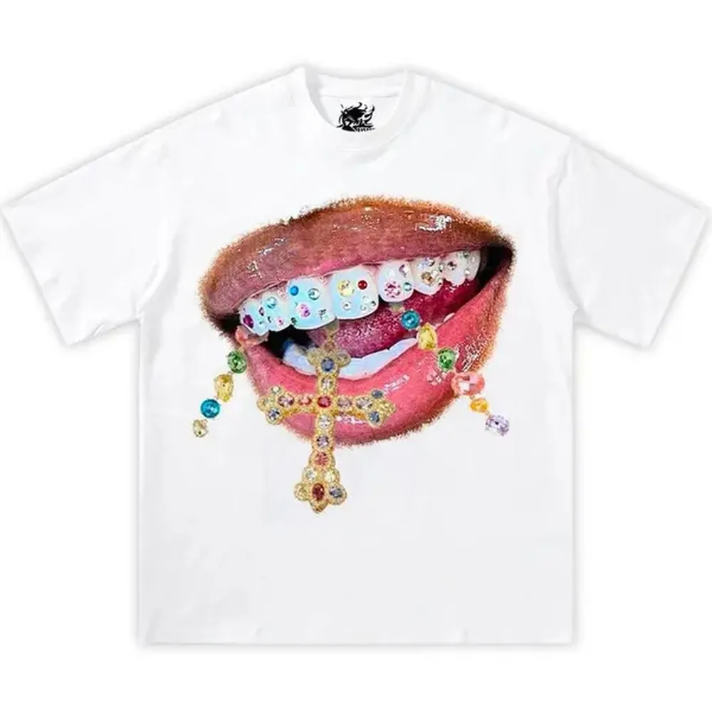 Glossy Jewelry Mouth Shirt Streetwear Y2K Tee Cotton Tee Shirt Opium, fashion, unisex, men, women, cotton, Fabric Top