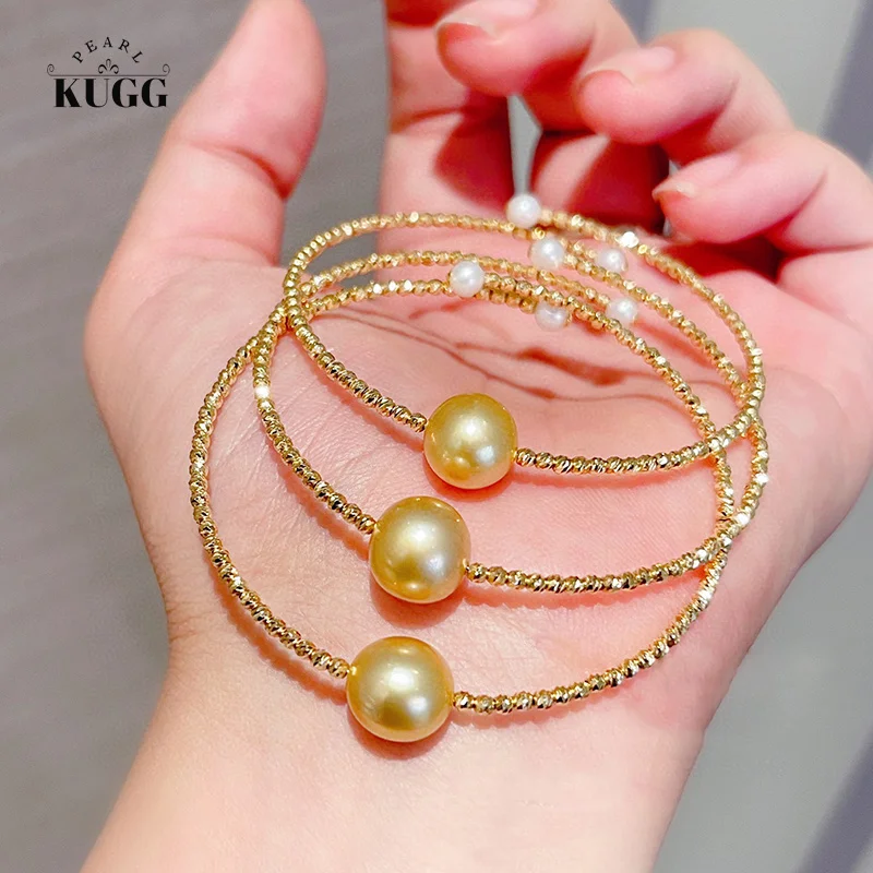 

KUGG PEARL 18K Yellow Gold Pearl Bracelet Luxury Design 9-10mm Natural South Sea Gold Pearl Bracelet for Women Party Jewelry