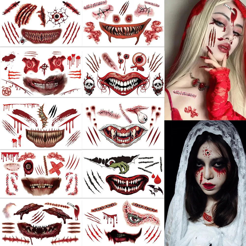 10Pcs New Halloween Bloody Wound Tattoo Stickers DIY Simulation Scar Tattoo Skull Blood Palm Print Horror Halloween Party Decor