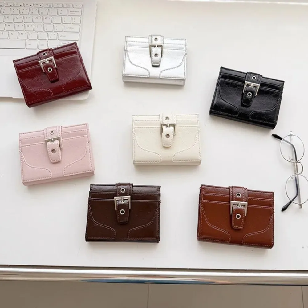 Women Silver Leather Card Holder Ultra-Thin Mini Buckle Coin Purse Portable Wallet Cute Bank Credit Id Bag Multi-Card Slot