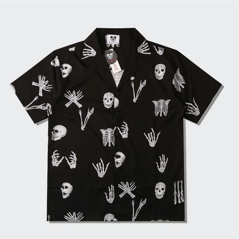 New Arrival Trendy High Street Short Sleeved Shirt Men's Summer Loose Large Personalized Skull Printed Shirts