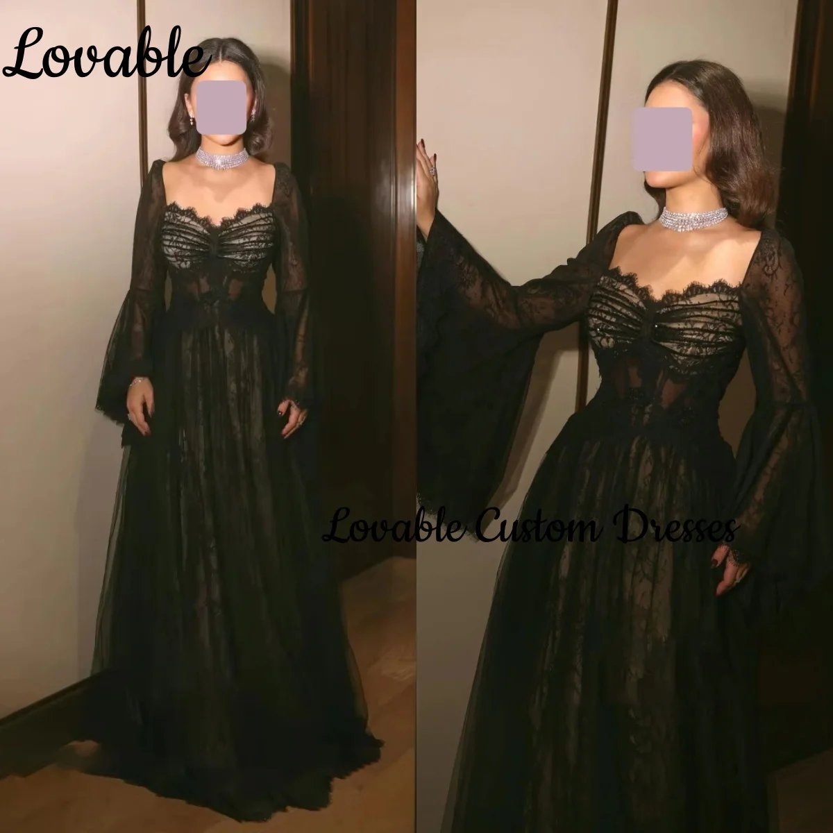 

Элегантные черные роскошные вечерние платья трапециевидной формы с квадратным вырезом длиной до пола, платья для торжественных случаев, тюль с длинными рукавами Co