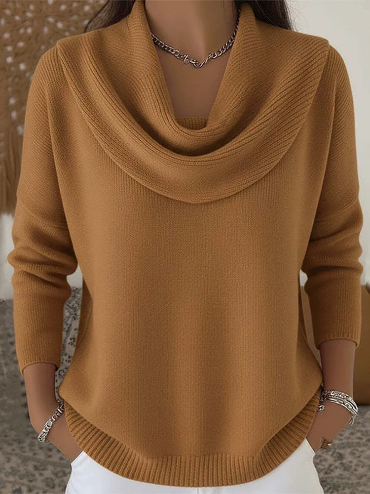 

Autumn and winter new women's solid color long sleeved sweater top casual and comfortable stacked collar top
