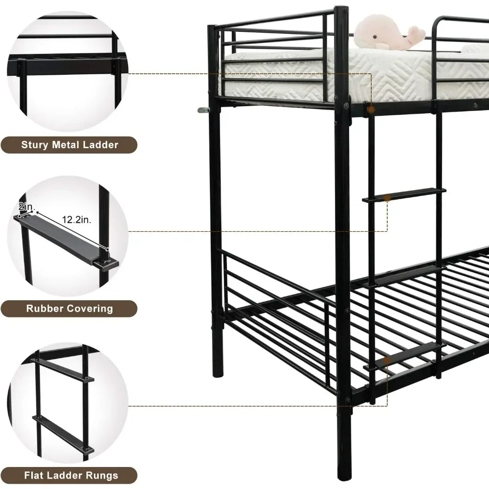 Bunk Bed Twin Over Twin, Twin Bunk Beds for Kids/Teens/Adults, Flat Ladder and High Guardrail, Metal Bunk Bed with Stairs