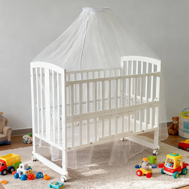 Multifunctional White Mosquito Net Movable  Adjustable Kids Crib Wooden Baby Bed with Storage