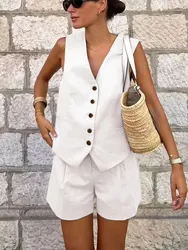 2024 Summer Woman Set Solid V Neck Sleeveless Chic Vest Top + Pockets Wild Commute Loose Casual Women's Shorts Streetwear