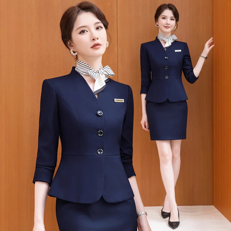 

Синий костюмный комплект для женщин, элегантный профессиональный наряд на весну и осень, рабочая одежда для менеджера регистрации отеля, униформа для персонала службы