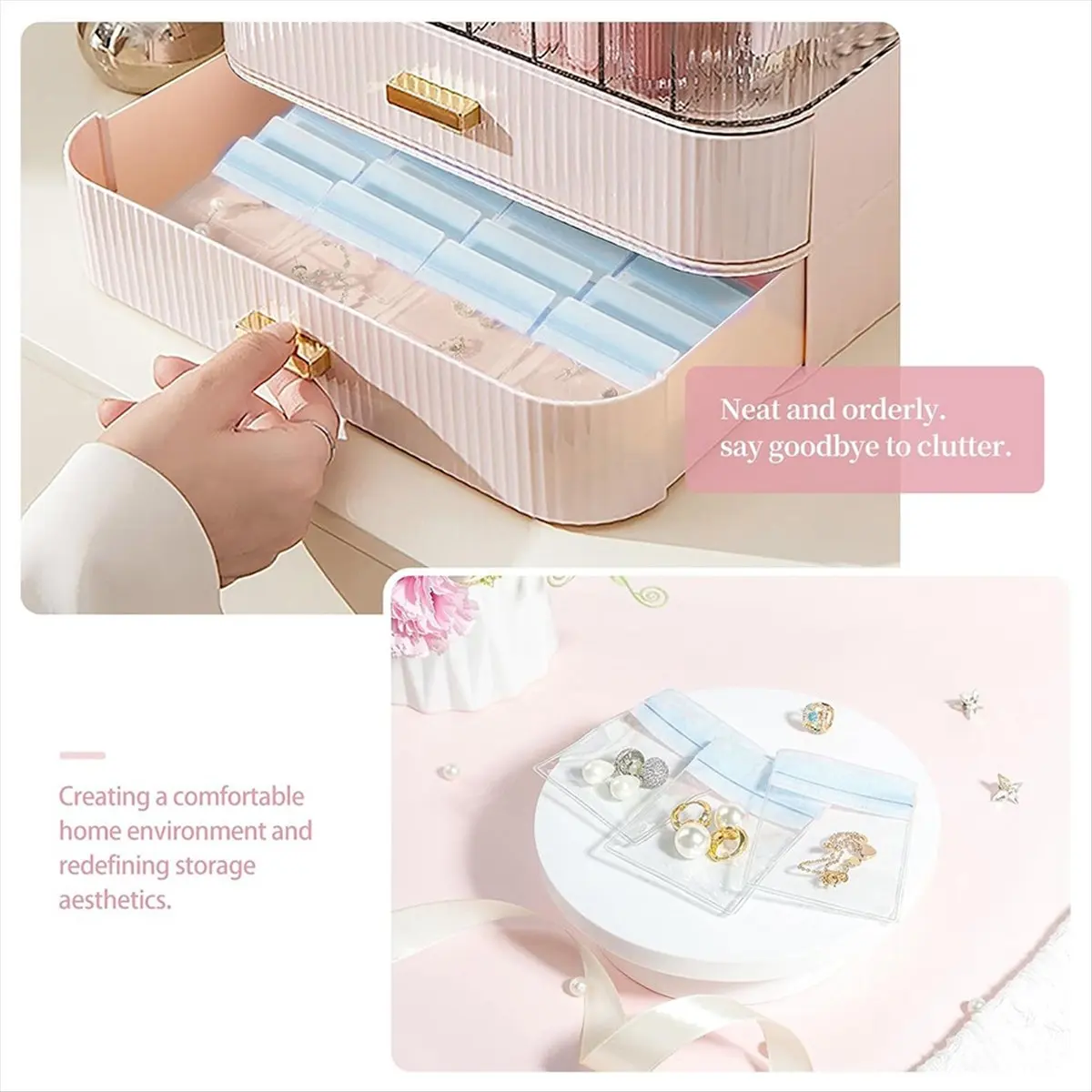 ABFW Acrylic Jewelry Box,Clear Jewelry Organizer with 20 Portable Anti Oxidizing Zipper Bags,Travel Jewelry Case Blue