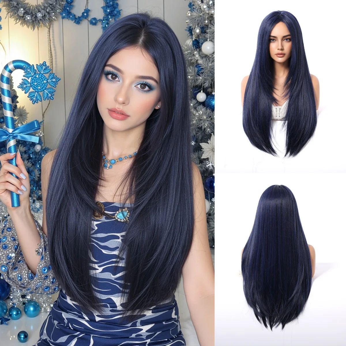 ALAN EATON Dark Blue Long Straight Synthetic Wigs Middle Part Layered Hair Heat Resistant Realistic Fiber Christmas Daily Use