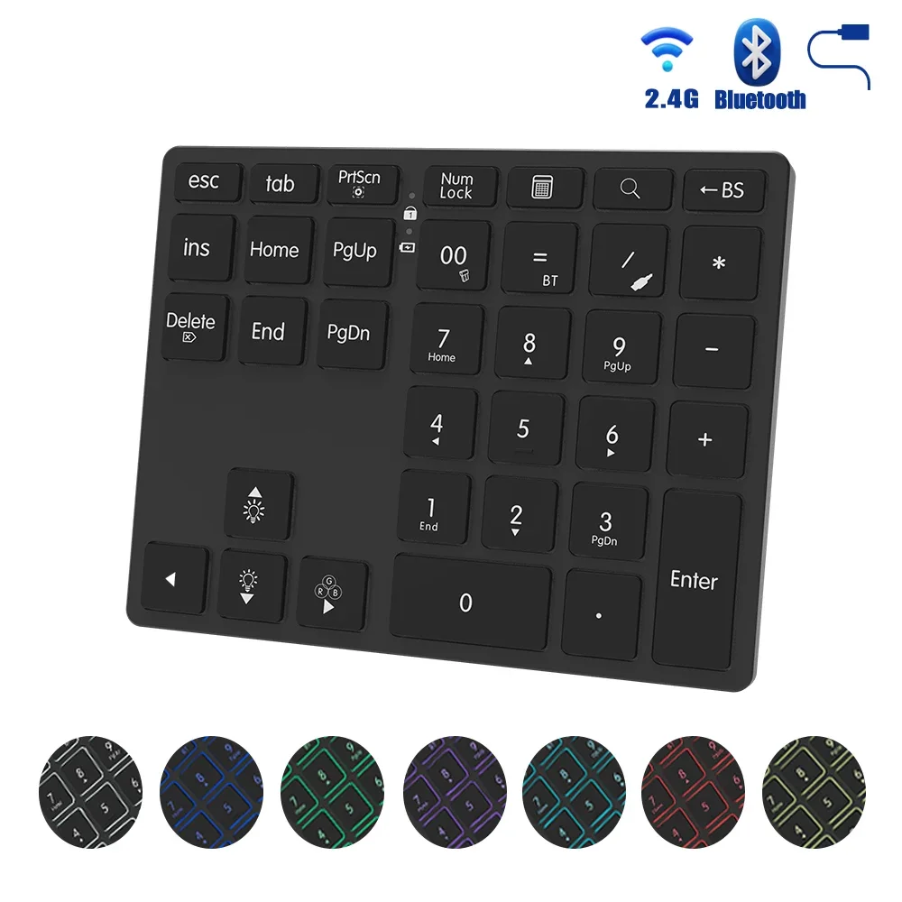 Teclado Numérico Sem Fios, Teclado Externo, Bluetooth, Recarregável, RGB, Entrada de Dados, 34-Teclas