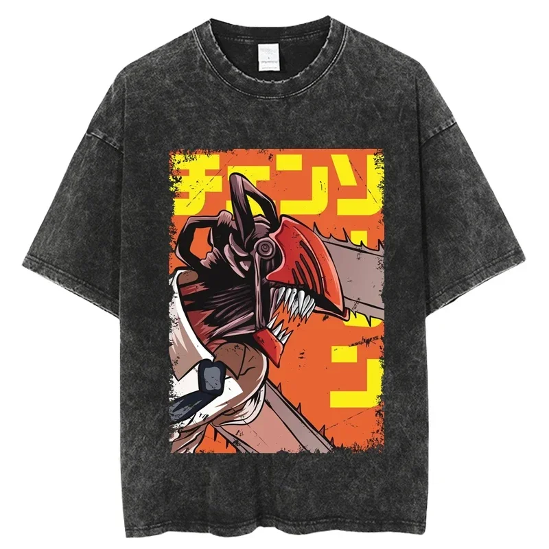 

Wholesale Vintage Washed Tshirts chainsaw man Anime T Shirt Harajuku Oversize Tee Cotton fashion Streetwear unisex top