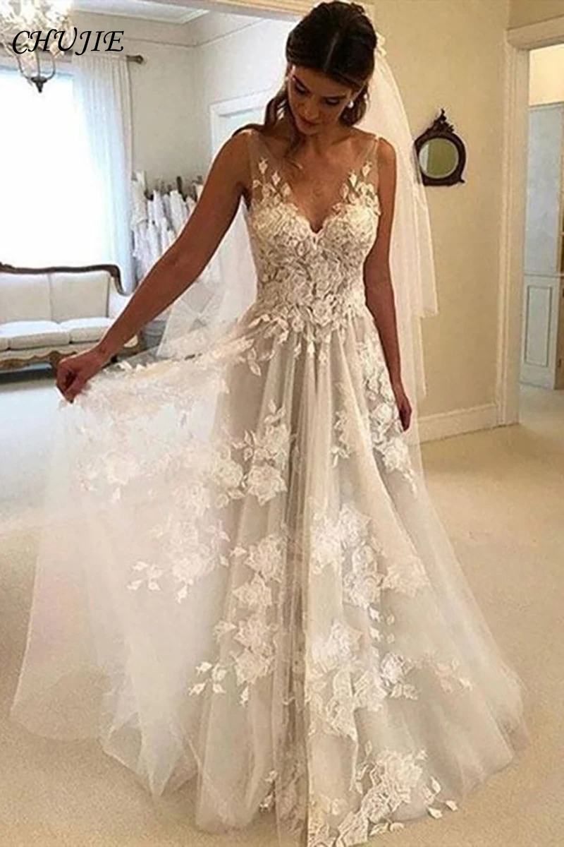 

V Neck Wedding Dress Bride Robe Sleeveless Lace Applique A Line Backless Bridal Gown robe de soirée de mariage Vestido de novia