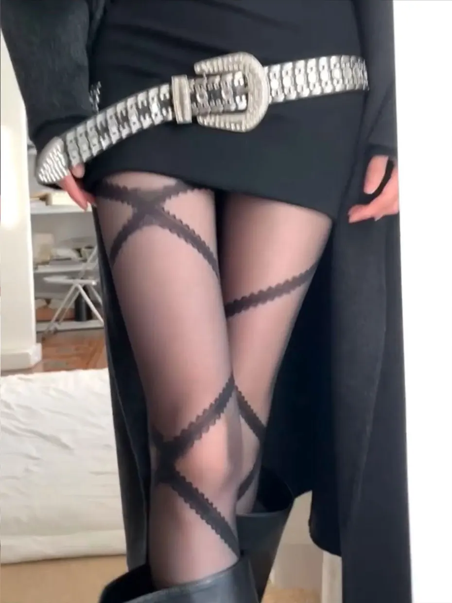 New Arrival Black Lace Cross Tie Stockings Y2K Spicy Girl High Waist Tight Fit Polyester Ladies Fashion Sports Stockings