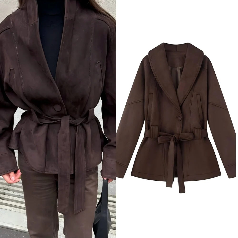 

Новая женская мода с поясом, повседневная замшевая ветровка с эффектом кожи, пальто в стиле ретро, женское пальто на пуговицах с длинными рукавами, шикарный топ