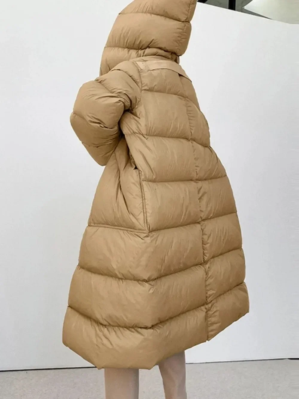 Solid Thick Warm Female New White Duck Down Winter Puffer Jacket Women Sashes Tie Up Over The Knee Coat Fashion Oversize Hooded