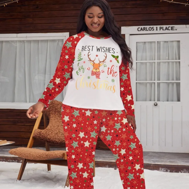 Plus Size Christmas Atmosphere Long Sleeve Pajama Set Cardigan Pants  Autumn New Style Featuring Reindeer Design Animal Print