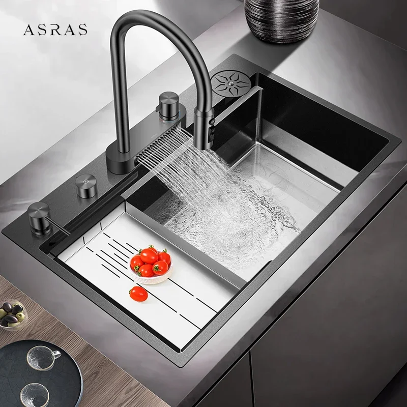 ASRAS New Waterfall Flying Rain Faucet Kitchen Island Cup Rinser Sinks 304 Stainless Steel 4mm Panel Handmade Kitchen Sinks