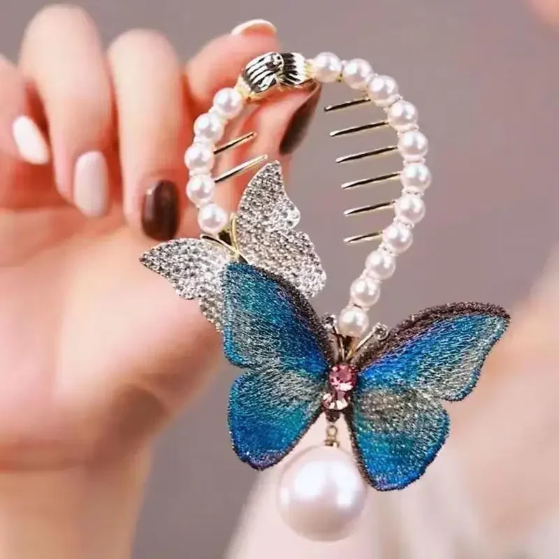 Blue Butterfly Pearl Ponytail Holder Elegant High Ponytail Hair Claw Clamp Women Girls Vintage Elegant Hairpins Ponytail Buckle