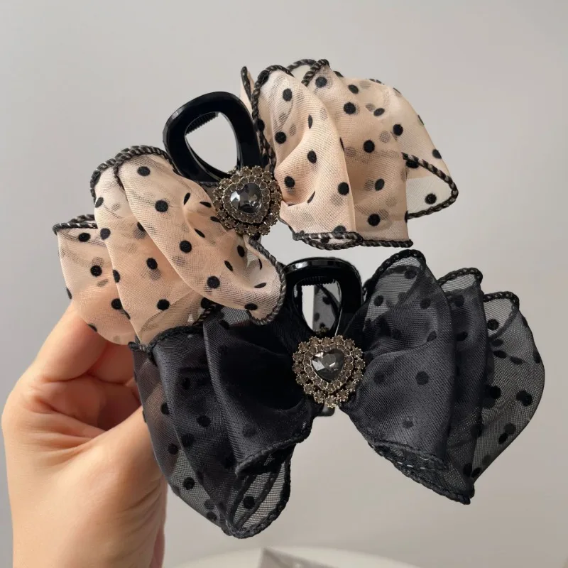 Korean Style Mesh Bow Knot Polka Dot Hair Claw Vintage Elegant Hair Clamp Hairpin Shark Clips For Women Fashion Hair Accessories