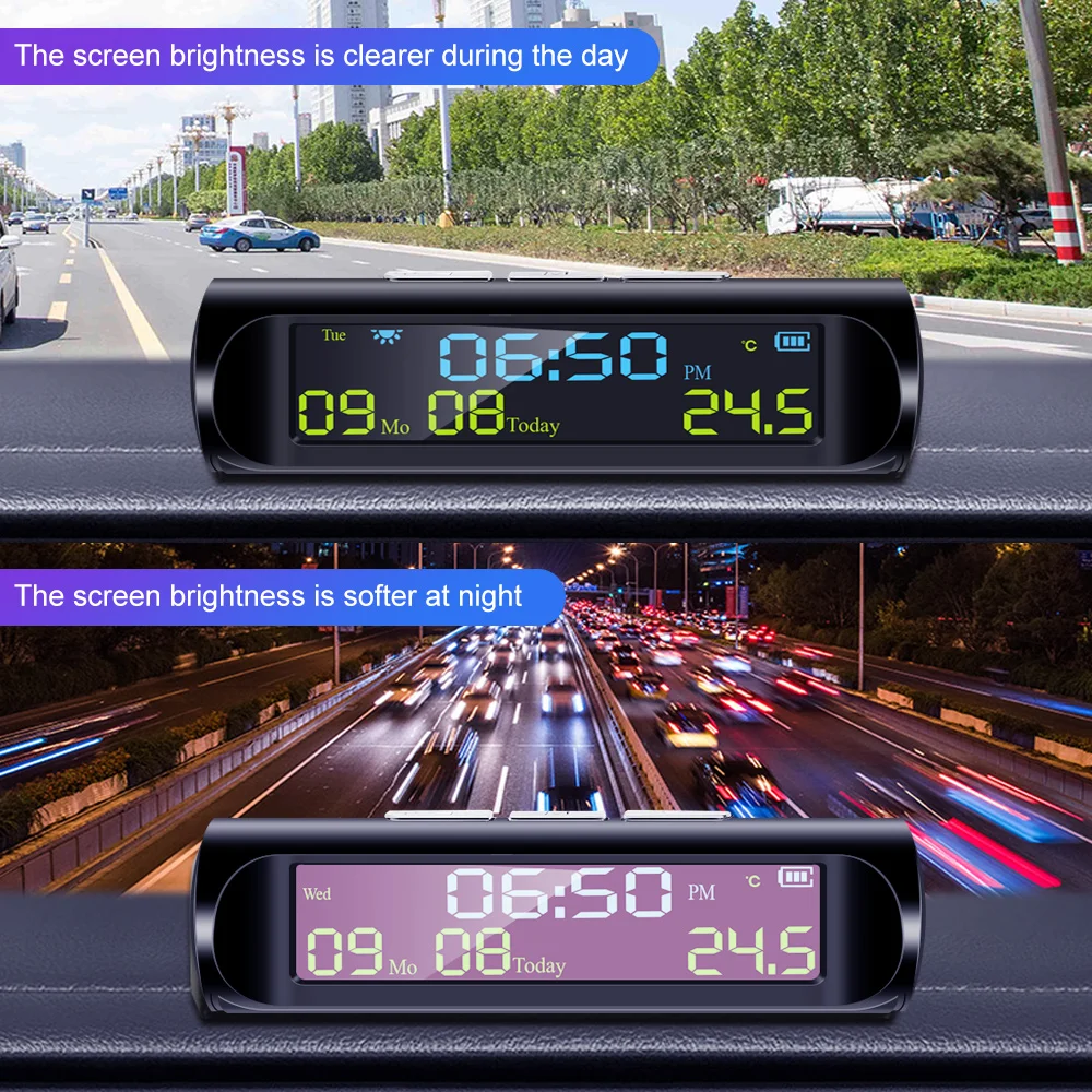 Solar Car Digital Clock Driving Time Date Dashboard Wiring-Free High-Precision LCD Digital Clock Car Watch With Backlight