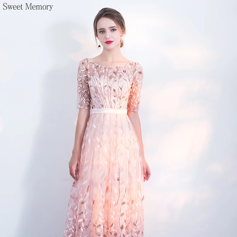 N1148 الشمبانيا الوردي نصف كم فساتين السهرة ثوب رسمي حفل مأدبة اللباس الحلو الذاكرة الطابق طول #1