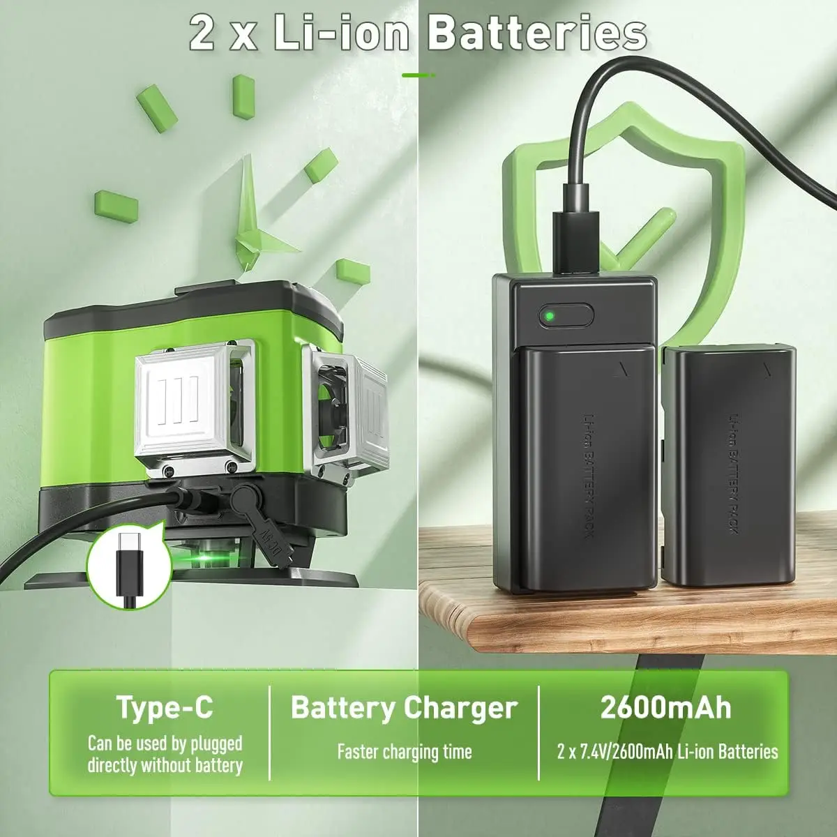 Huepar 3D Laser pelevelan sendiri, alat Laser lantai pelevelan tiga pesawat sinar hijau 3x360 dengan kendali jarak jauh