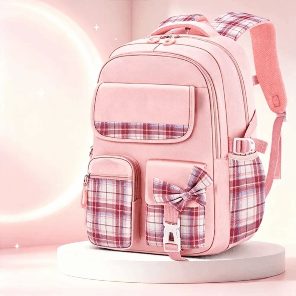 Spine Protection Large Capacity School Backpack Checkered Plaid Student Backpack Breathable Bow Girls Backpack Elementary School