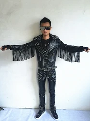 Rock Punk Leather Tassels Black Slim Fit Long Sleeved Leather Suit Trendy Nightclub Men's Band Singer Stage Performance Clothing