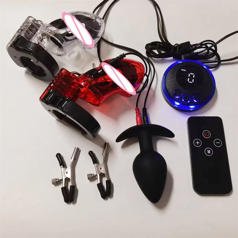 1 Set 8 Modes Electric Shock Male Chastity Cock Cage Silicone Anal Butt Plug Nipples Clips Sex Toys for Men Adult Games