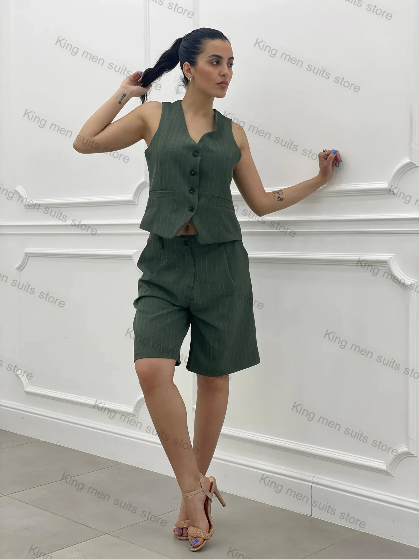 Summer Women Suits Pants Set Green 2 Piece Vest+Short Trousers Daily Casual Custom Size Sleeveless Coat Hot Girl Wear