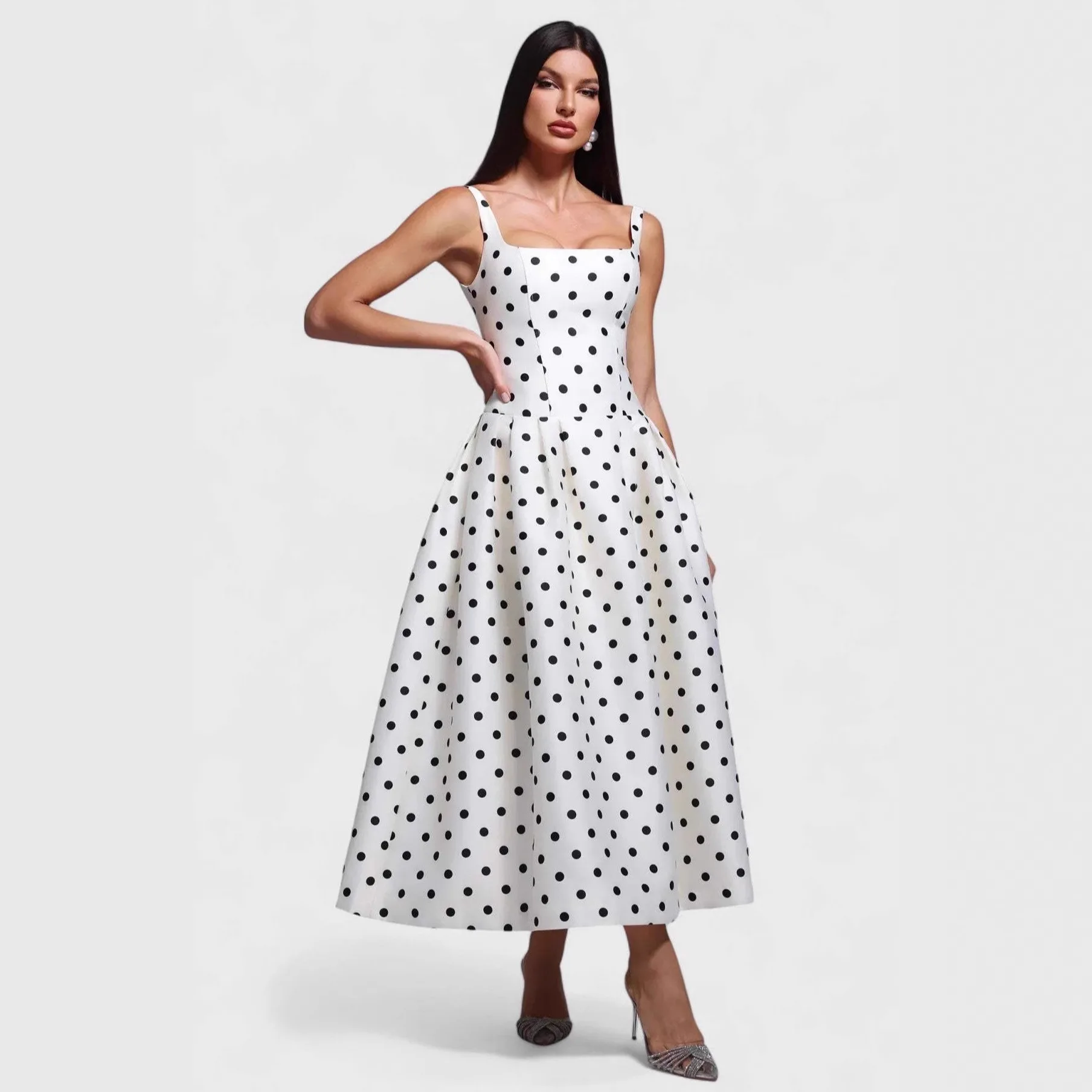 

Белое длинное платье в горошек с завышенной талией и пышными рукавами, новинка 2026 года, женская одежда