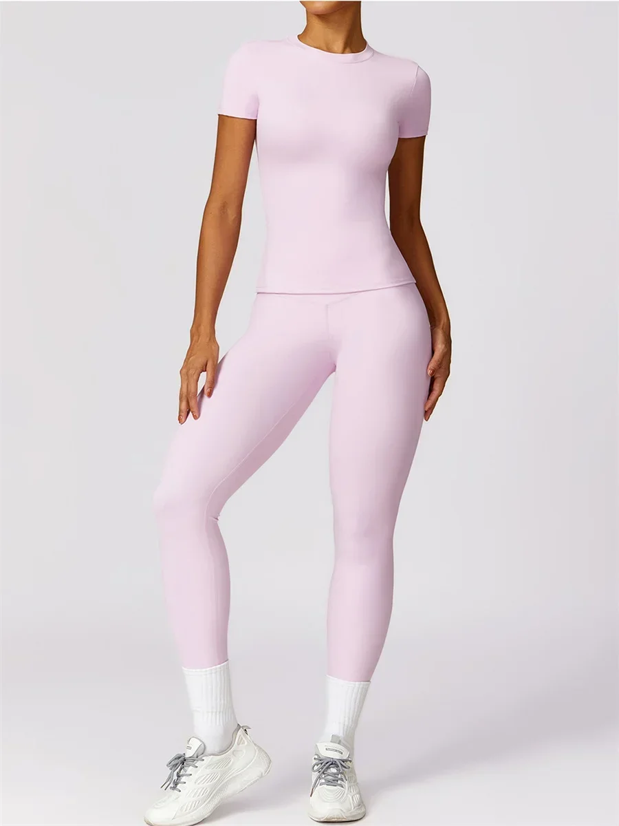 Ensemble de Yoga sans couture pour femmes, haut rose à manches courtes avec Leggings taille haute, vêtements d'entraînement deux pièces, ensembles de sport, Fitness, gymnastique