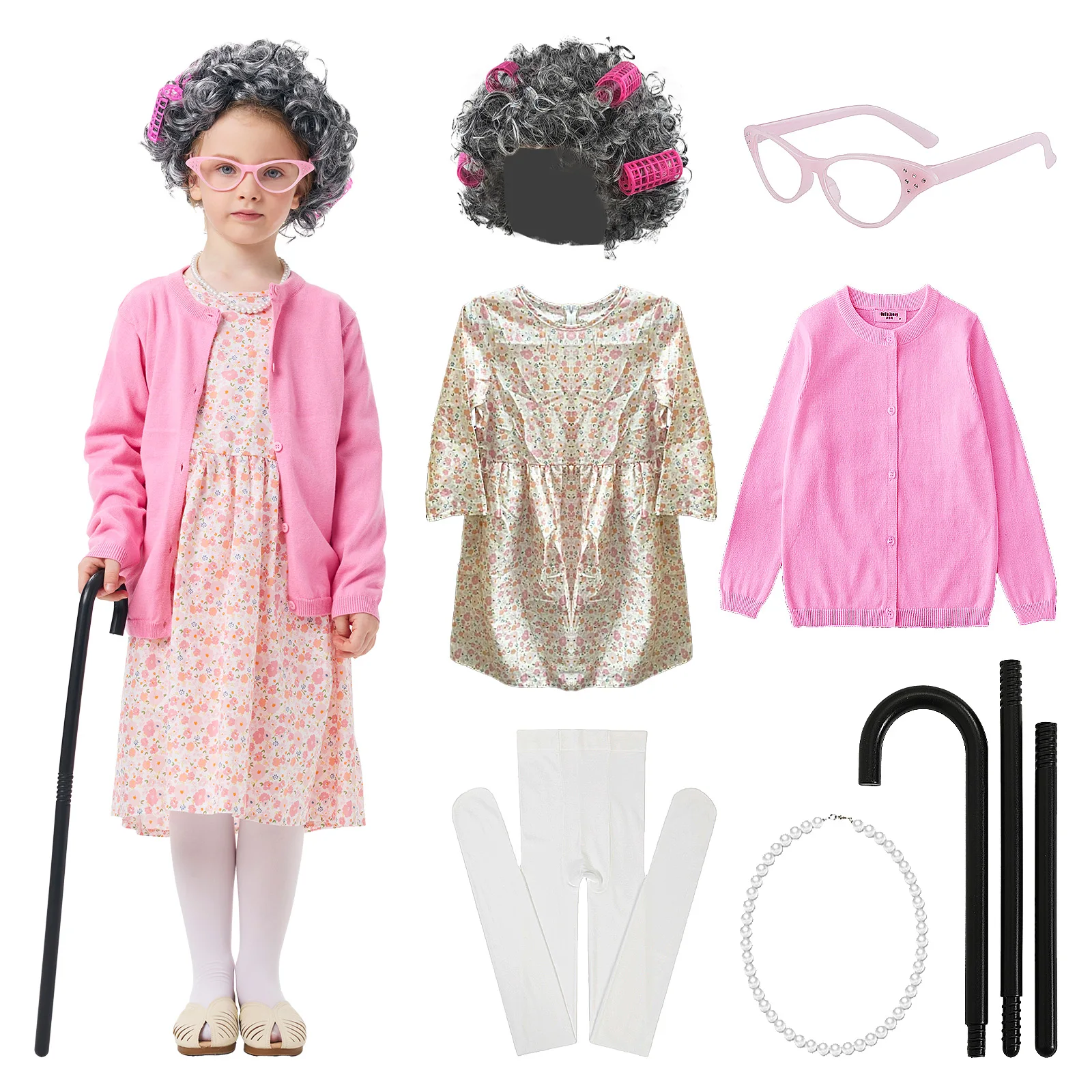 

100 Days of School Cosplay Set for Girls Old Lady Dress Up Granny Wig Halloween Cosplay Costume Accessories Outfit