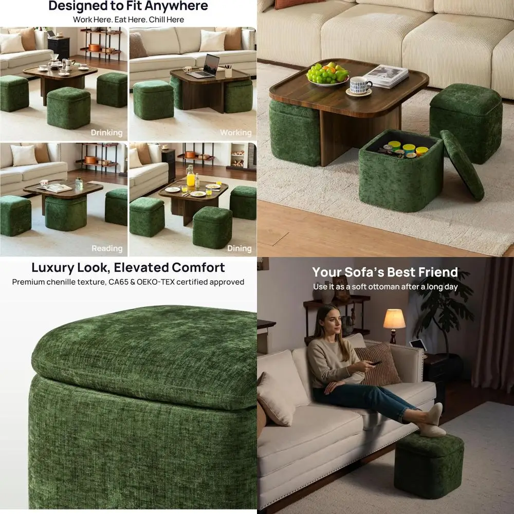 

Mid-Century Walnut Coffee Table with Storage and 4 Chenille Ottomans for Small Living Spaces