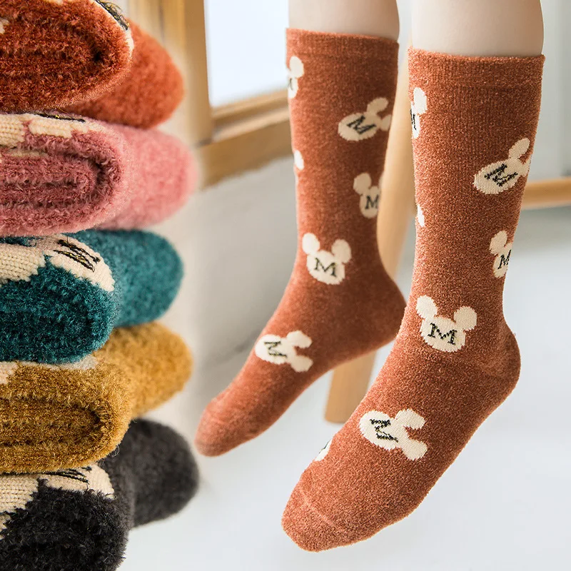 5Pairs/pack Autumn Winter Warm Thicken Kids Socks Cartoon Mickey Minnie Children\'s Socks Toddler Baby Boys Girls Socks