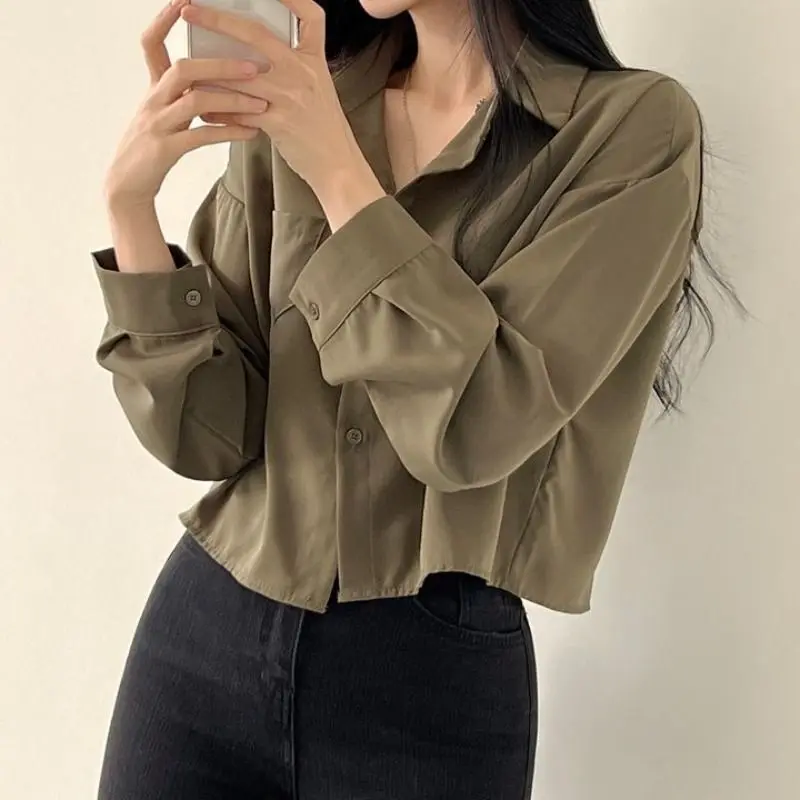 Vintage Shirts Women Chic Korean Fashion Simple All-match Long Sleeve Office Lady Tops Clothing Summer Sun-proof Elegant Cropped