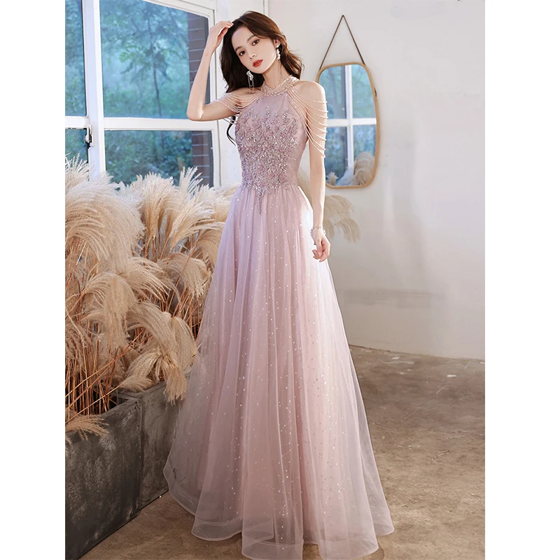 

Pink evening dress female new 2024 summer autumn temperament socialite light luxury party bridesmaid engagement birthday dress