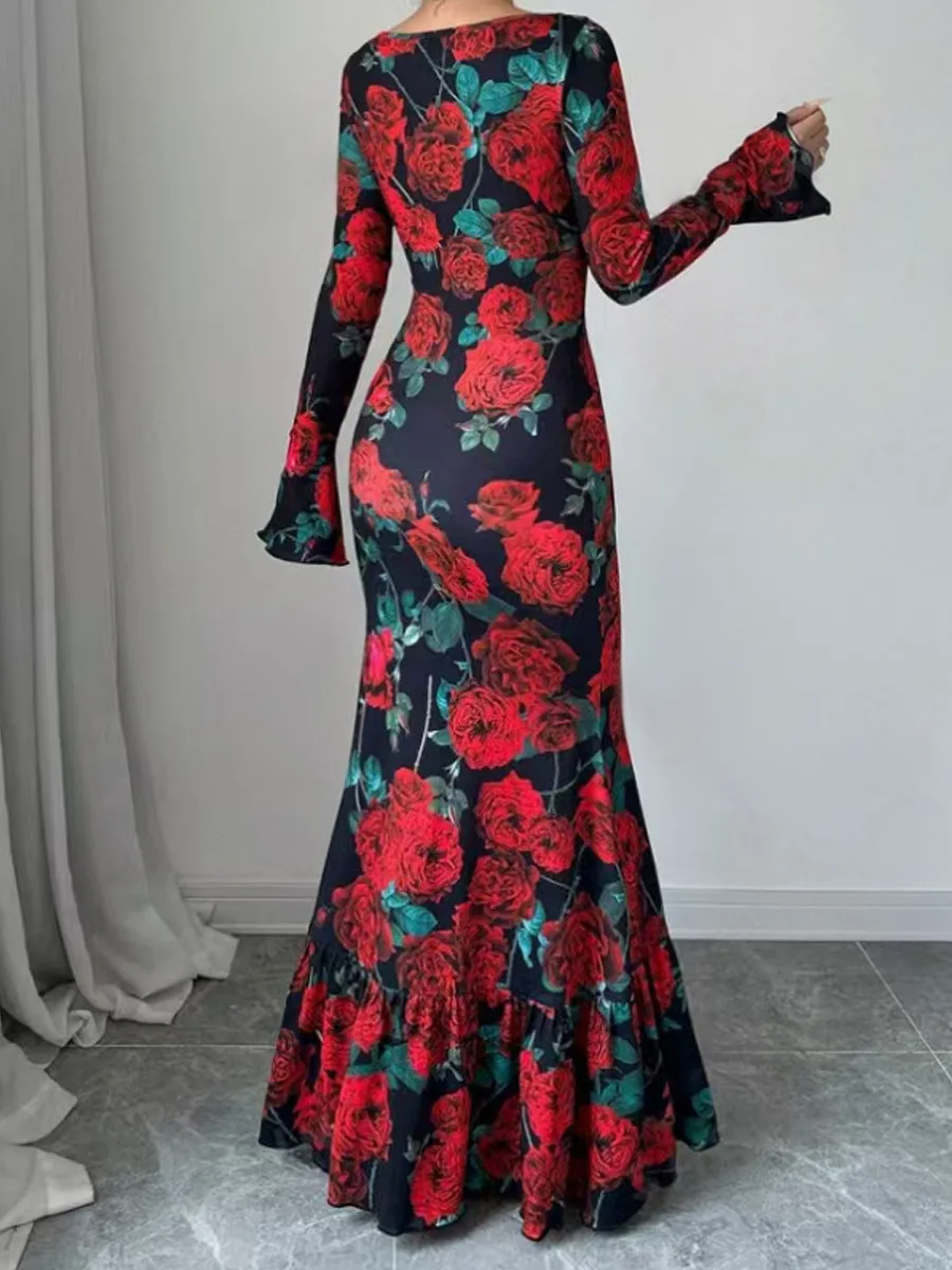 Abito lungo con stampa floreale rosa alla moda Abito lungo sottile a maniche lunghe con farfalla autunnale da donna elegante Abito da festa con collo slash da donna sexy