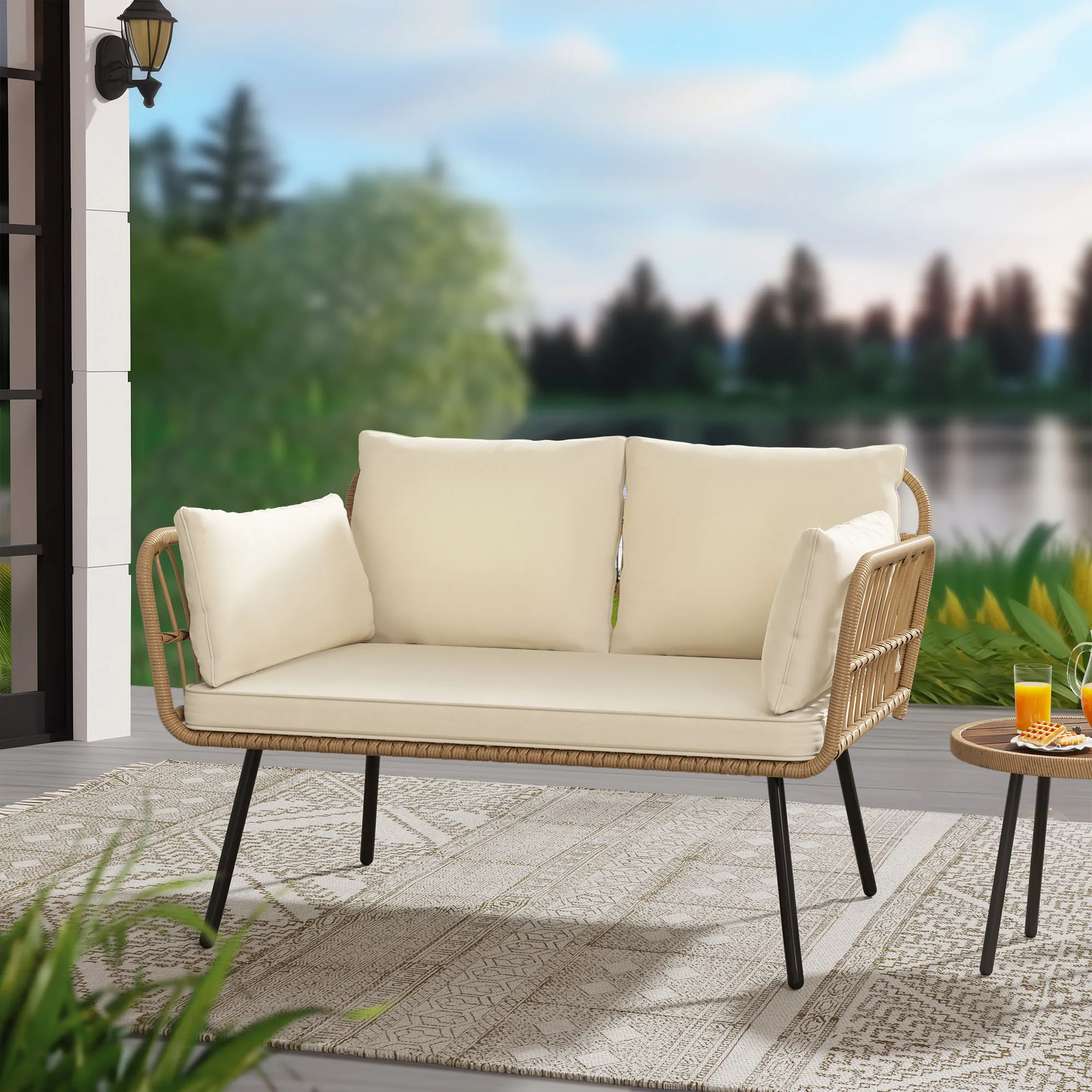 Patio Sofa All-Weather Outdoor Furniture Wicker Rattan Loveseat Couch with Cushion & Lumbar Pillows