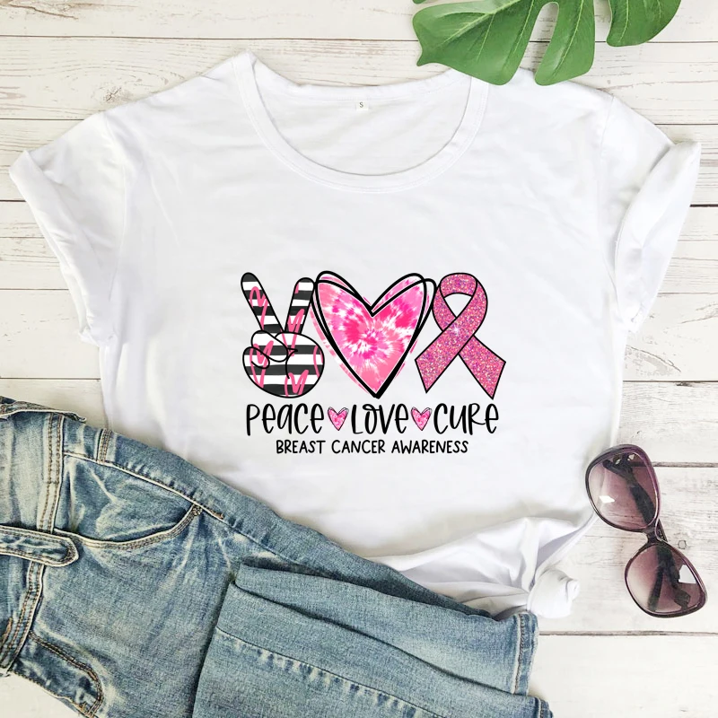 colored peace love cure tshirt vintage women short sleeve breast cancer awareness tee shirt top