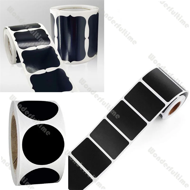 1 rollo de 120 Uds. Pegatinas de organización de cocina, etiquetas redondas negras, rollo de pegatinas rectangulares en blanco, etiqueta adhesiva para pizarra, etiquetas de despensa